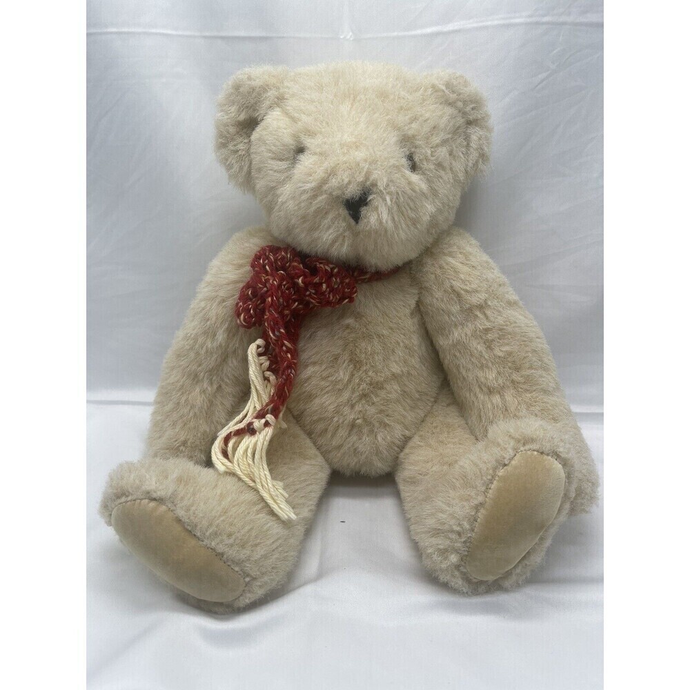 Vintage Vermont Teddy Bear 14” Brown Plush Fully Jointed Scarf Stuffed Animal